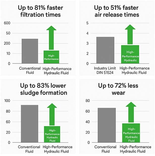 Figure 1 - High-performance biodegradable fluid delivers faster filtration, lower sludge and wear, and improved air release compared to OEM and industry limits.