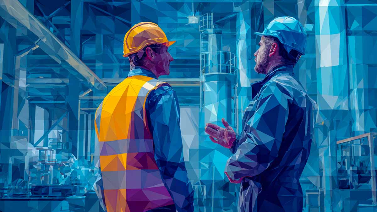 Plant manager talking to engineer on plant floor