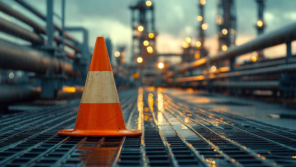 Safety cone on steel grating outside of plant