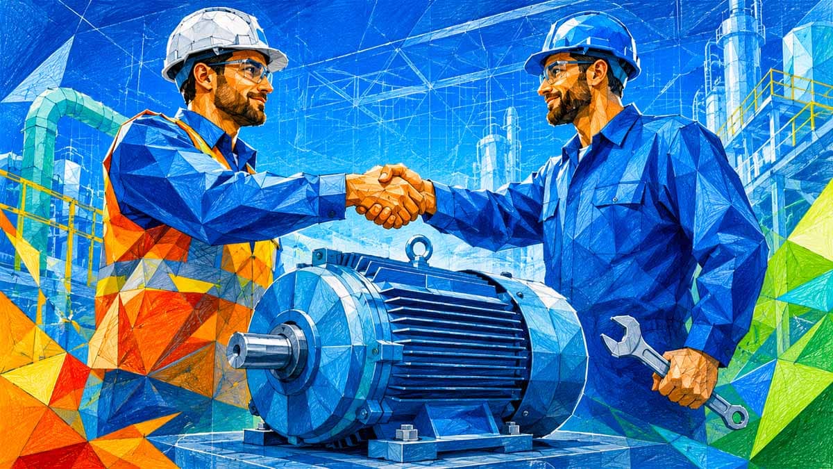 Maintenance and production shaking hands over electric motor