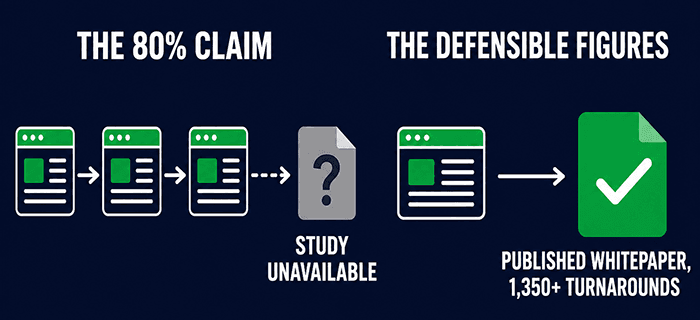 Diagram comparing two citation trails: the 80% turnaround claim passes through several webpages and dead-ends at an unavailable study, while the defensible figures trace in one step to a published whitepaper covering 1,350+ turnarounds
