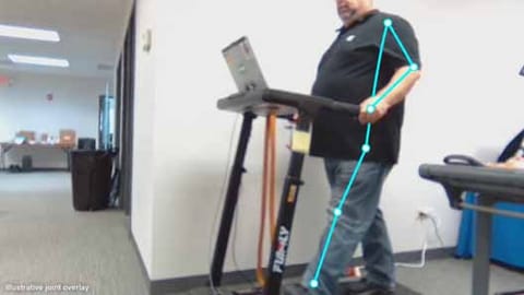 Figure 3. Treadmill evaluation frame with joint overlay for stride measurement. The athlete, equipment, and applied pace form the interaction being reviewed.