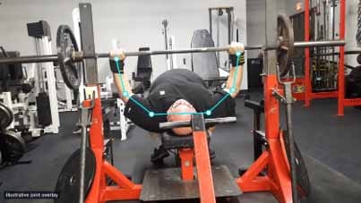Figure 4. Bench press evaluation frame with joint links. A coach reviews the activity and supporting measurements before acting on a recommendation.