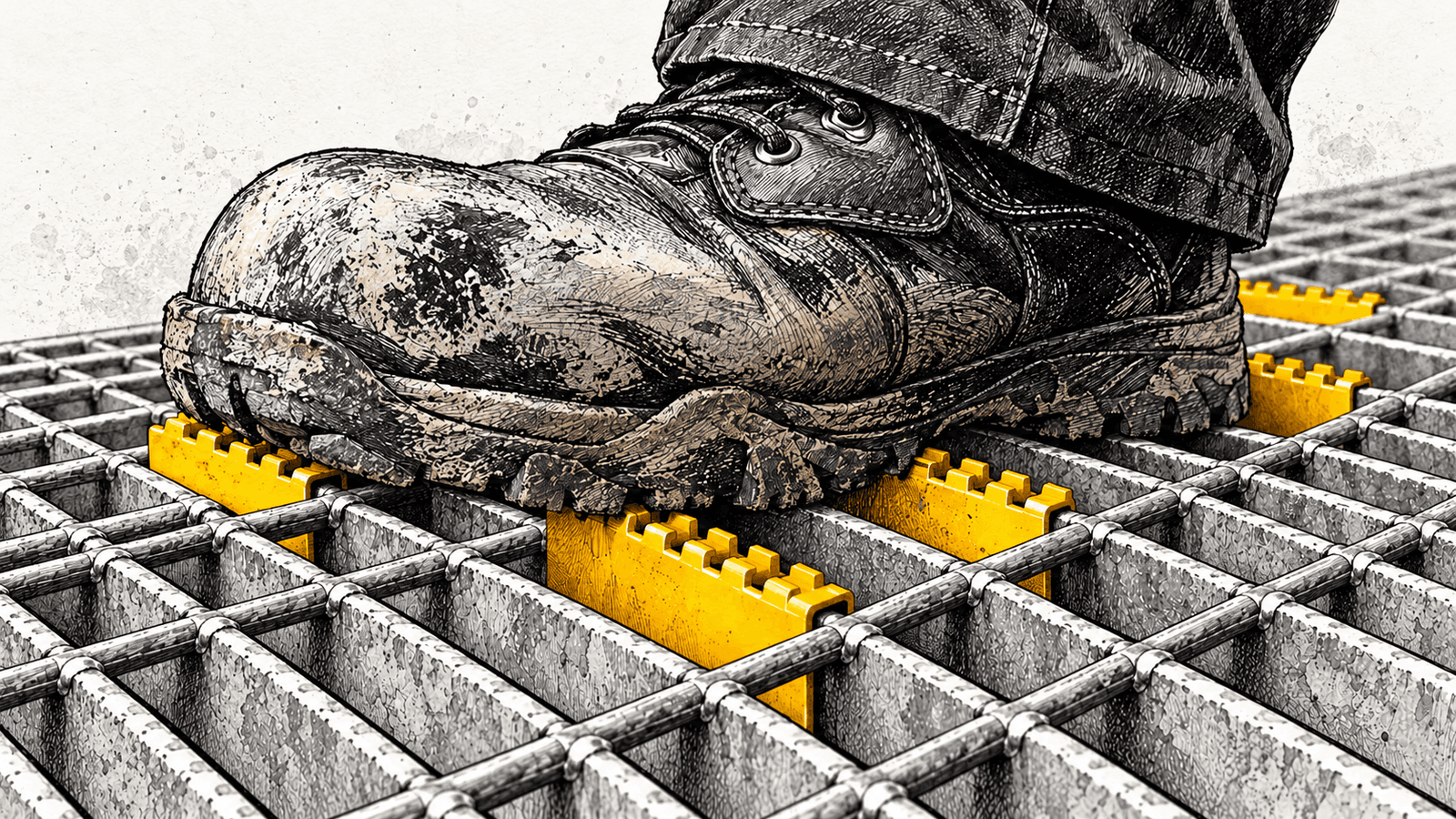 Work Boot on Uniform Steel Grating