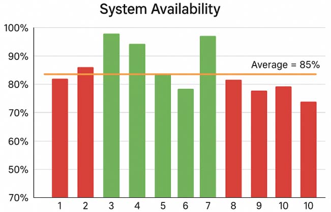 A typical bar chart showing volatile monthly schedule compliance data, with some bars colored red and some green against a target line.