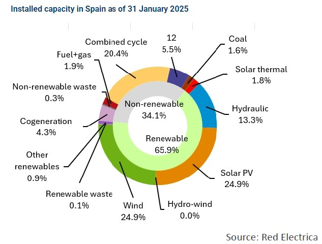 Installed power generation capacity in Spain as of January 31, 2025. Source: Red Electrica