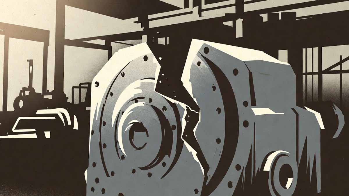 Large industrial gearbox cracked down the middle inside a manufacturing plant