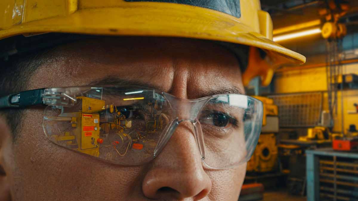 Man with hard hat and safety glasses in manufacturing plant