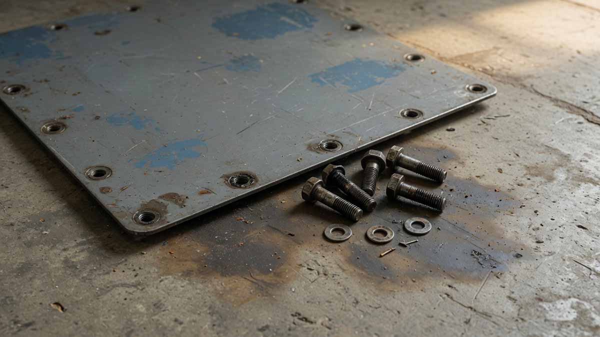 Bolts lying on concrete floor next to machine access panel