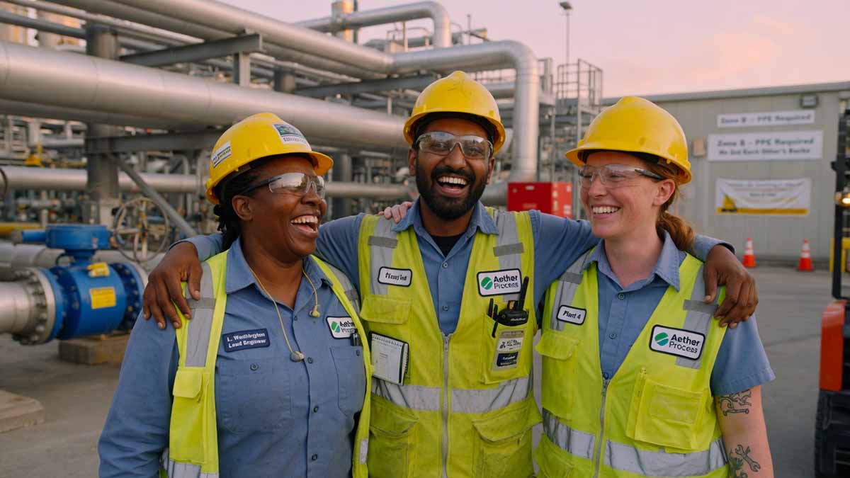 Three industrial engineers standing in a manufacturing plant and smiling.