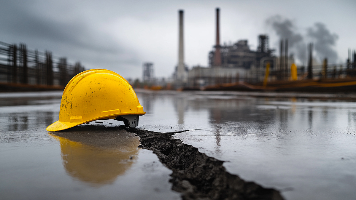 Yellow hard hat on wet concrete with large crack. Manufacturing plant in background.