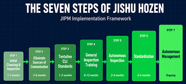 Diagram showing the seven steps of Jishu Hozen autonomous maintenance with typical implementation durations from initial cleaning through autonomous management
