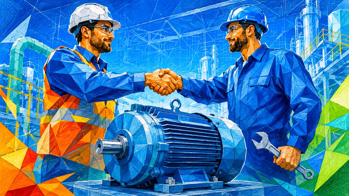 Maintenance and production shaking hands over electric motor