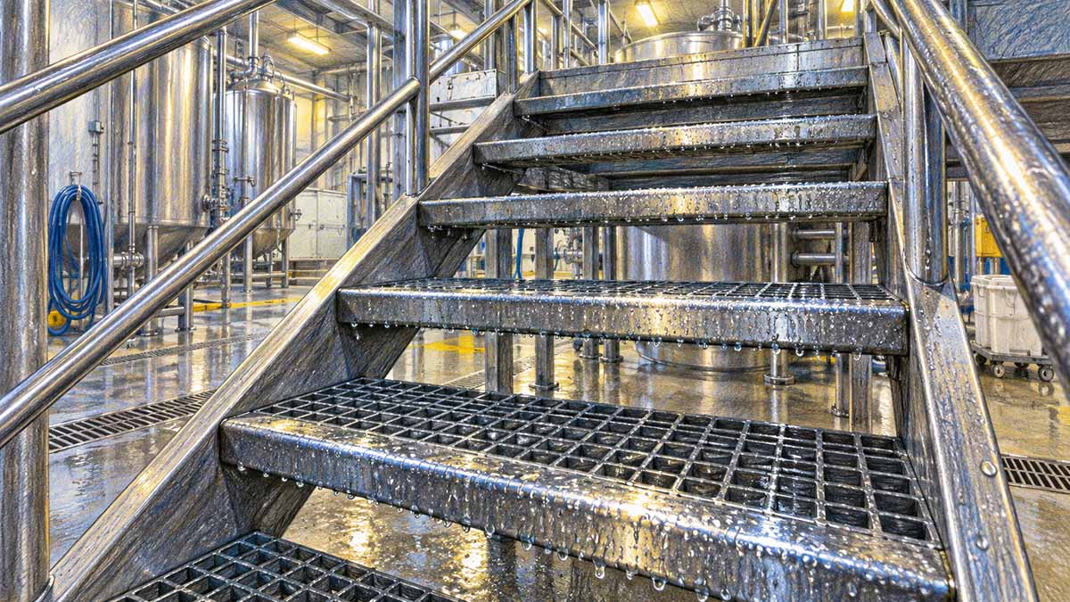 Wet steel grating stairs in food processing plant