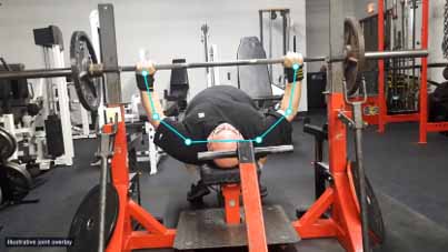 Figure 4. Bench press evaluation frame with joint links. A coach reviews the activity and supporting measurements before acting on a recommendation.
